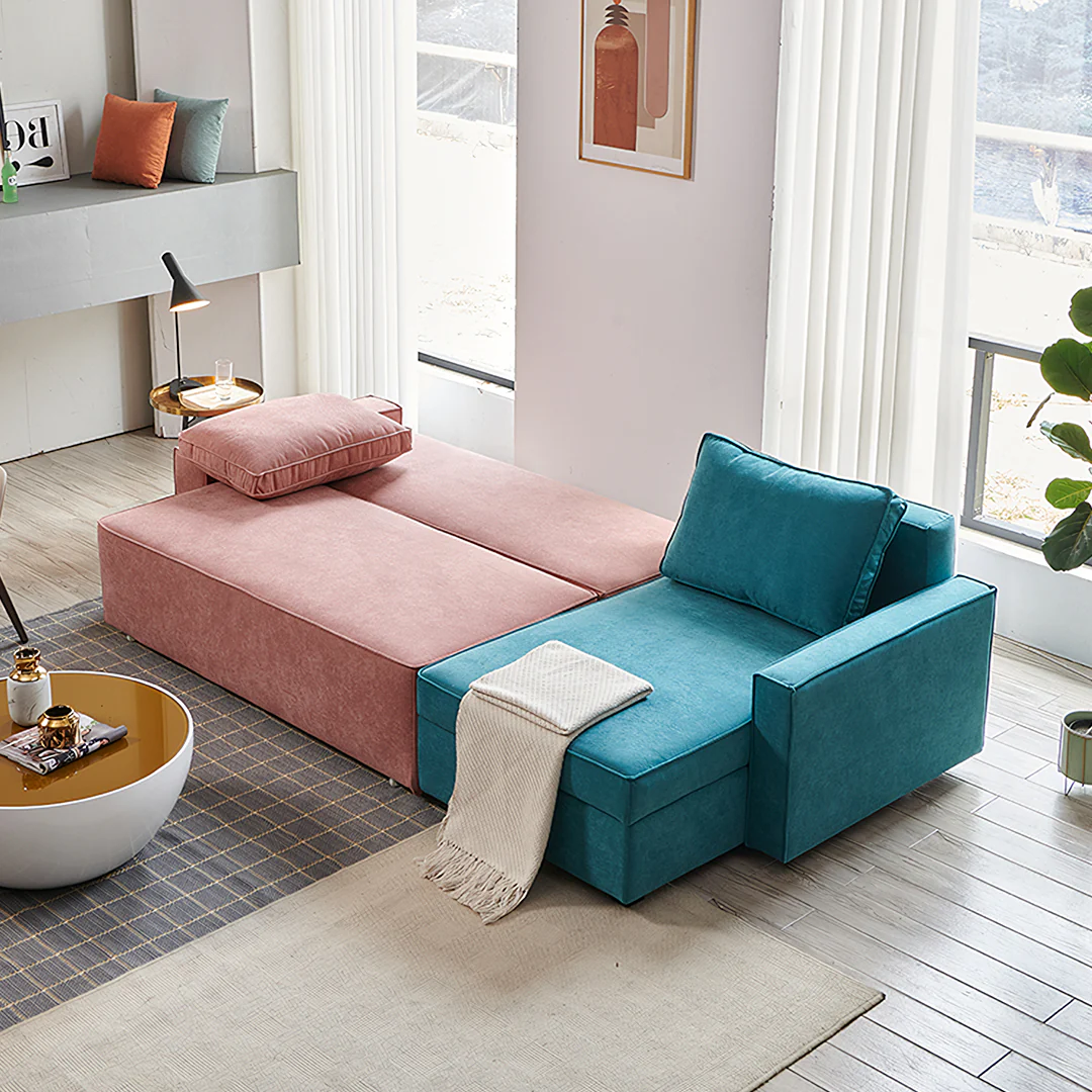 Adnan L Shape Three Seater Corner Sofa Bed, With Storage, Blue & Pink - Image 2