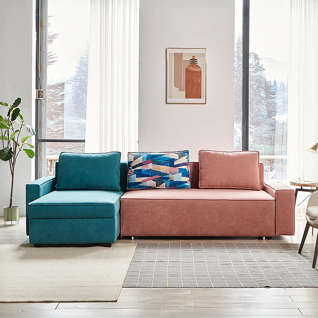 Adnan L Shape Three Seater Corner Sofa Bed, With Storage, Blue & Pink - Image 3