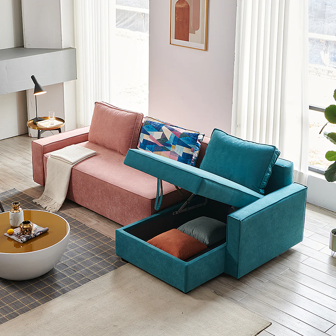 Adnan L Shape Three Seater Corner Sofa Bed, With Storage, Blue & Pink - Image 4
