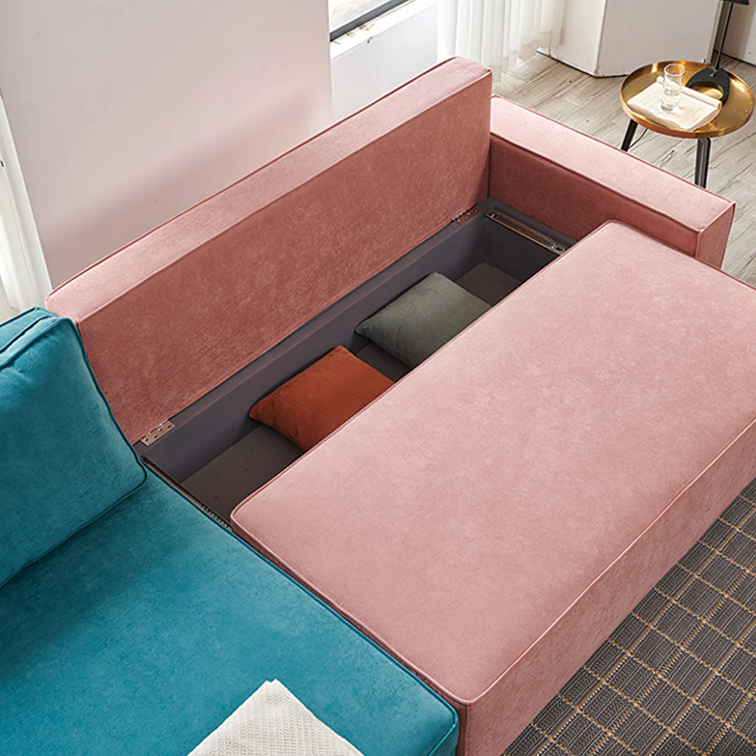 Adnan L Shape Three Seater Corner Sofa Bed, With Storage, Blue & Pink - Image 5