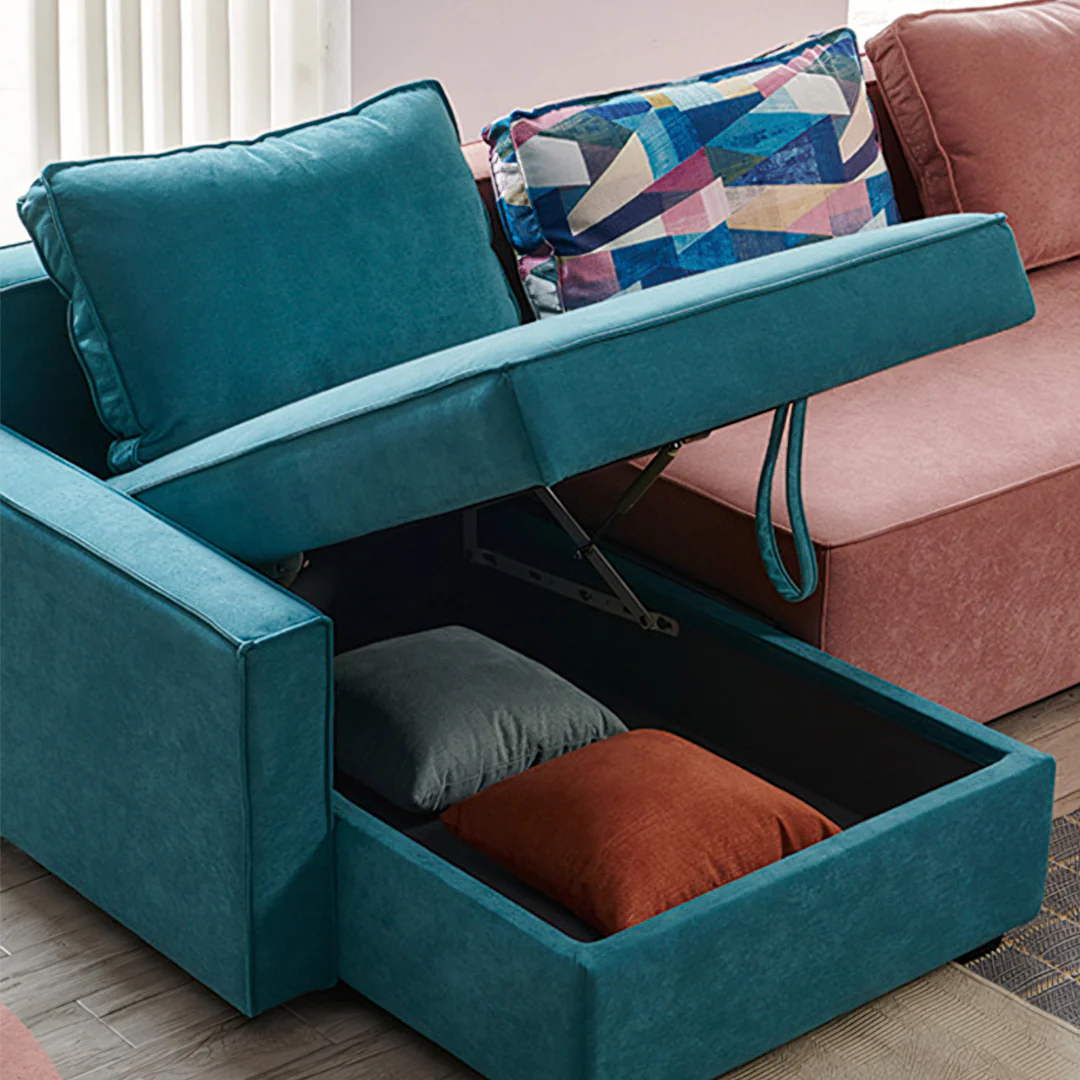 Adnan L Shape Three Seater Corner Sofa Bed, With Storage, Blue & Pink - Image 6
