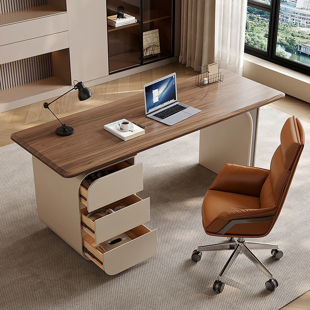 Ahn Office Desk With Storage, Walnut & Cream - Image 2