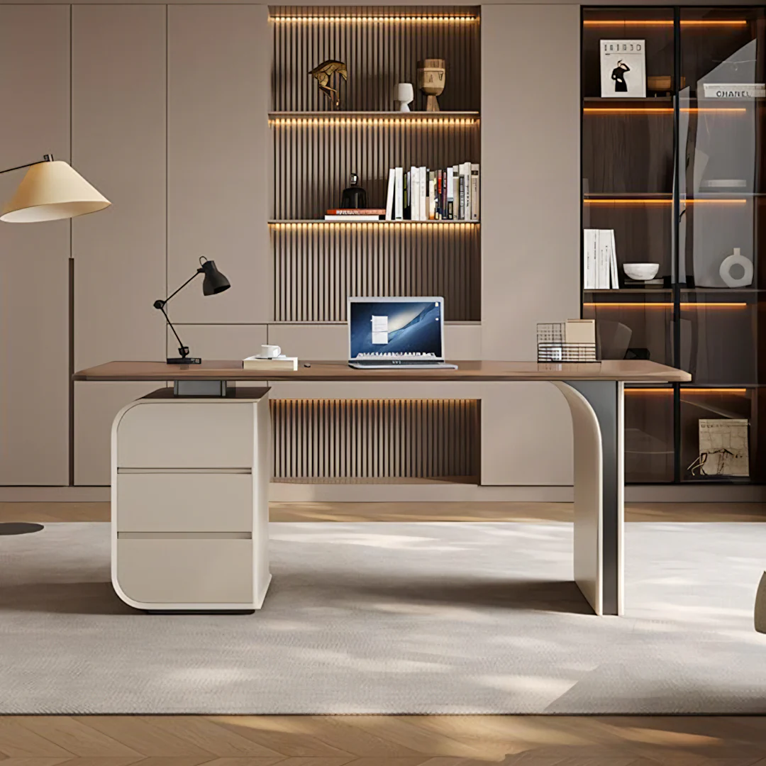 Ahn Office Desk With Storage, Walnut & Cream - Image 3