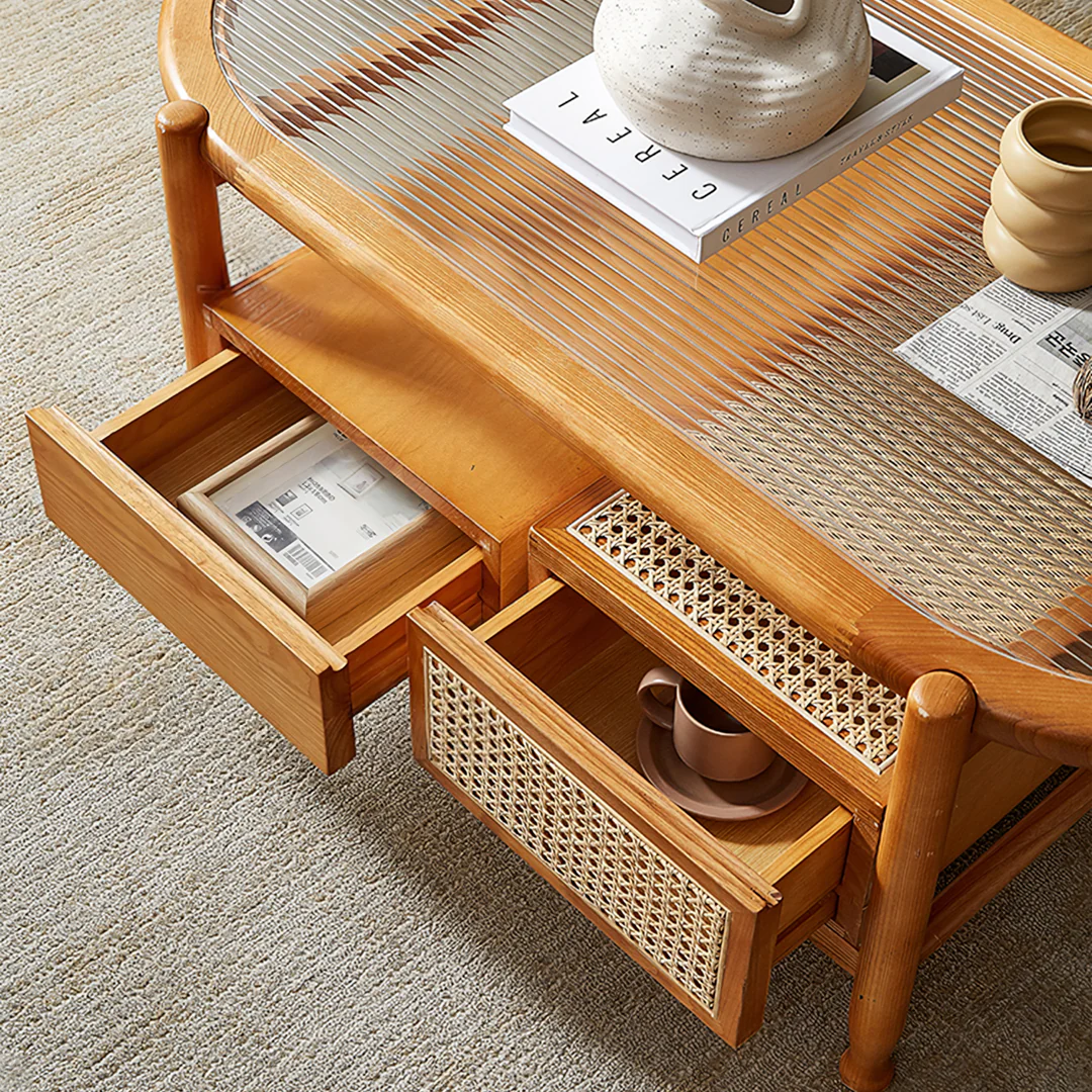 Alethea Rattan Coffee Table, Glass & Solid Wood - Image 3