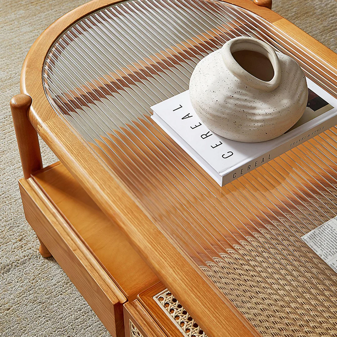 Alethea Rattan Coffee Table, Glass & Solid Wood - Image 4