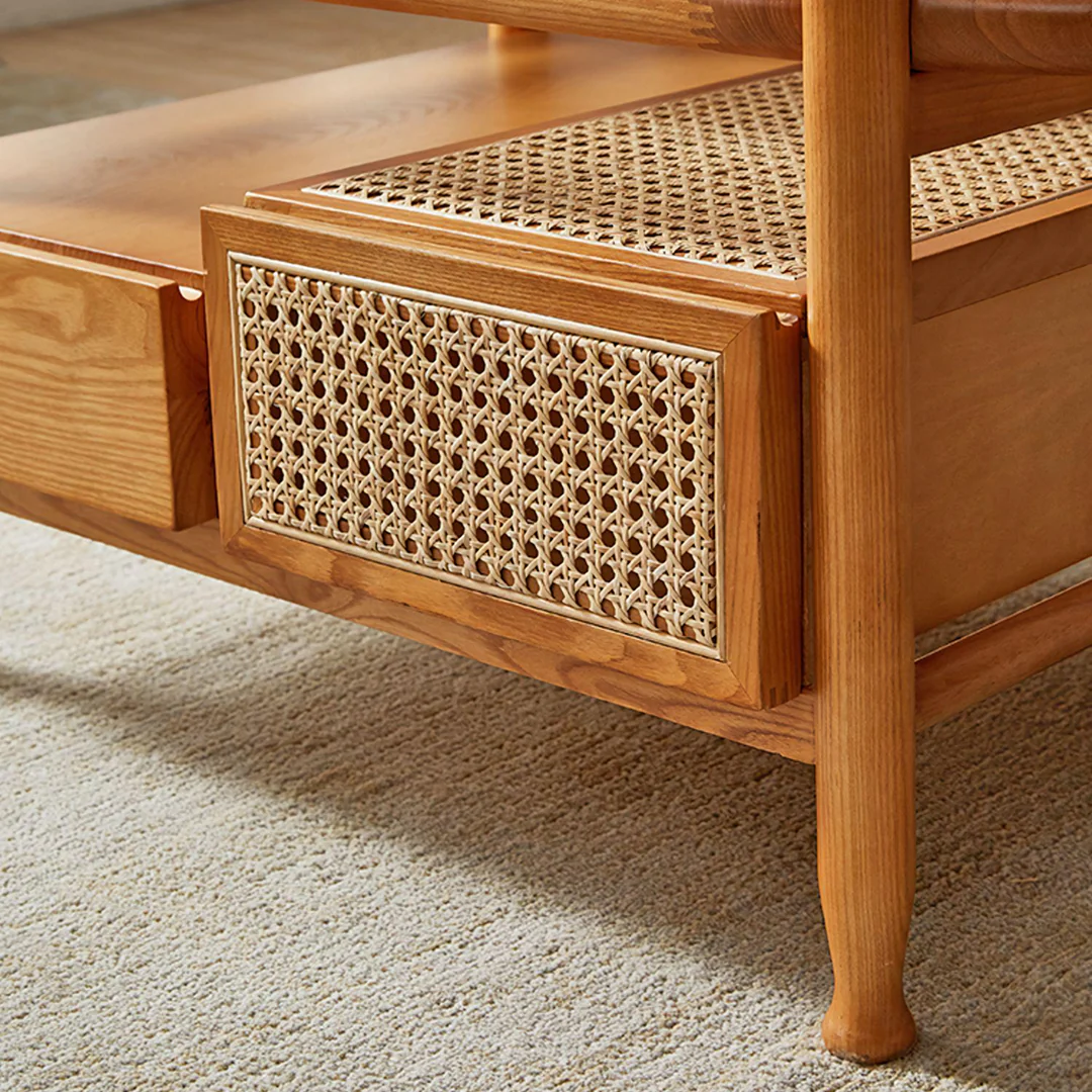 Alethea Rattan Coffee Table, Glass & Solid Wood - Image 5