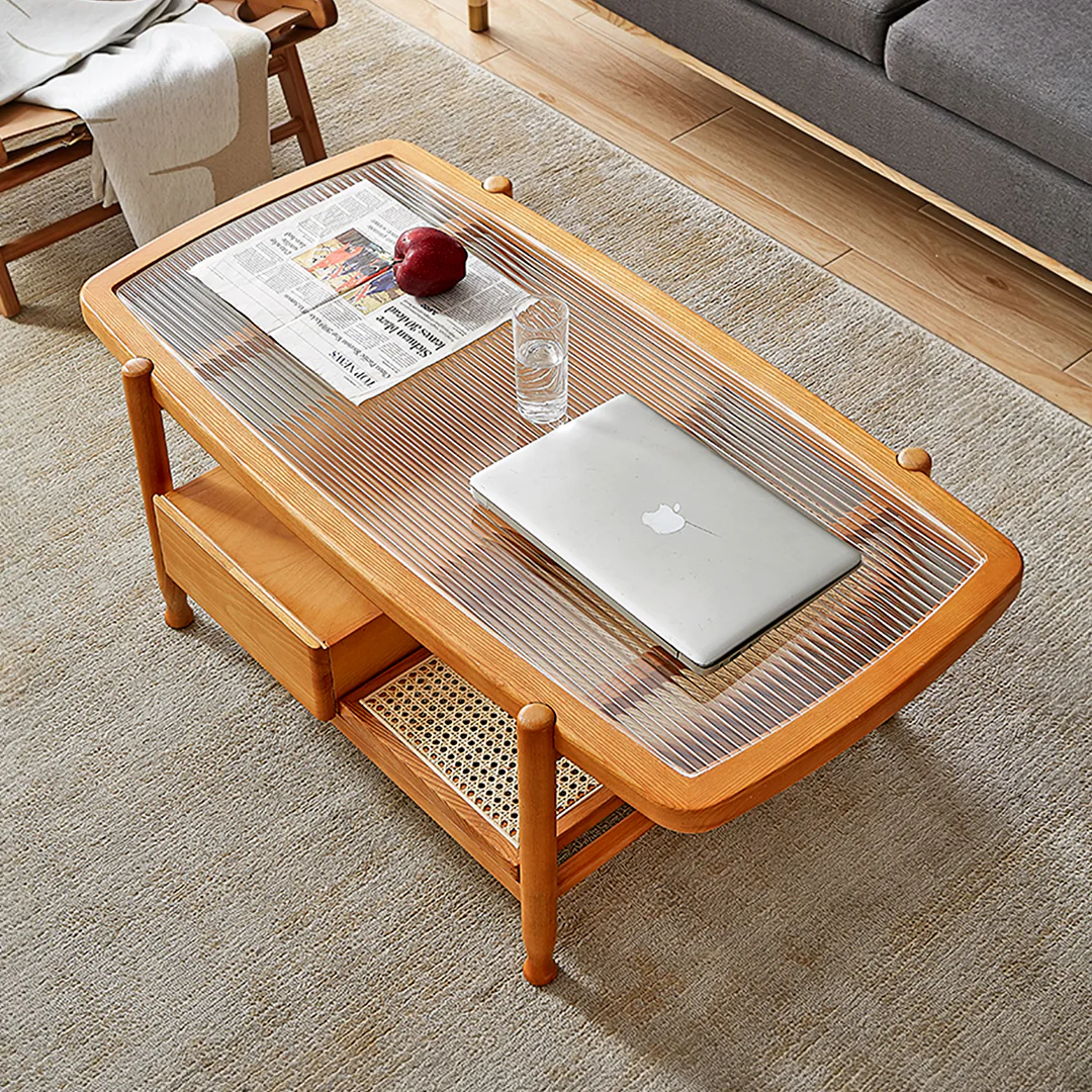 Alethea Rattan Coffee Table, Glass & Solid Wood - Image 6