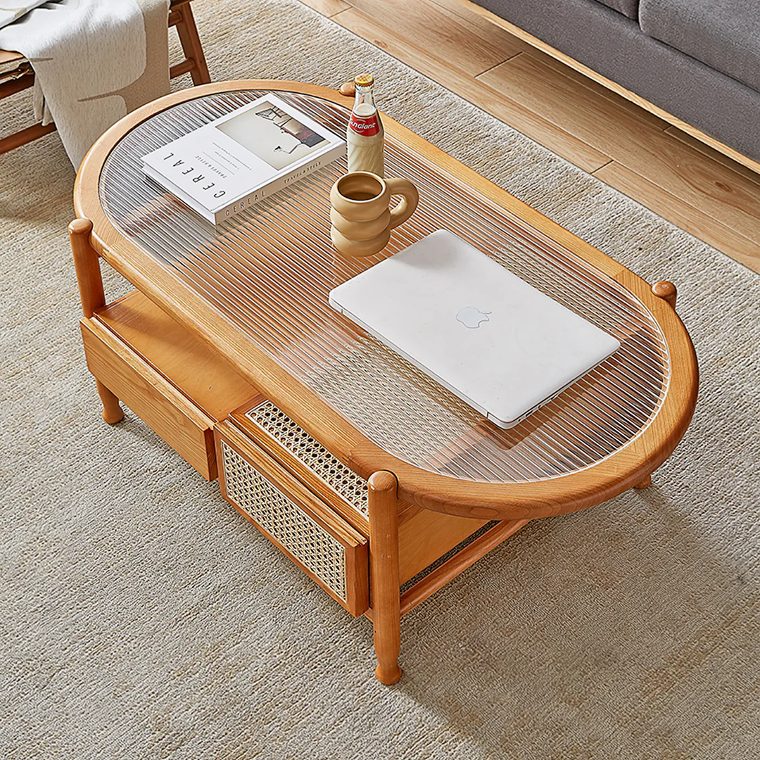 Alethea Rattan Coffee Table, Glass & Solid Wood - Image 7