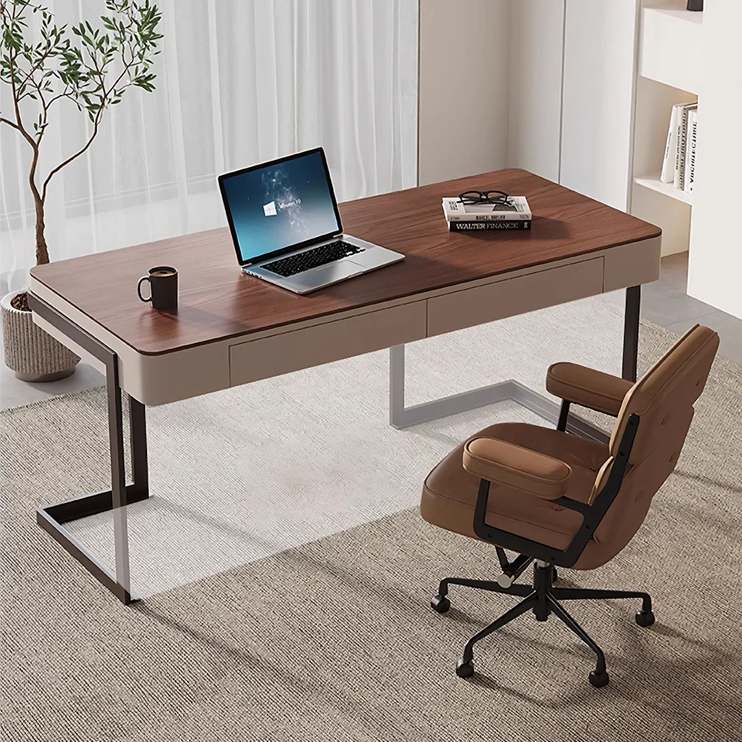 Amir Office Desk With Storage Drawers, Cream & Walnut - Image 2