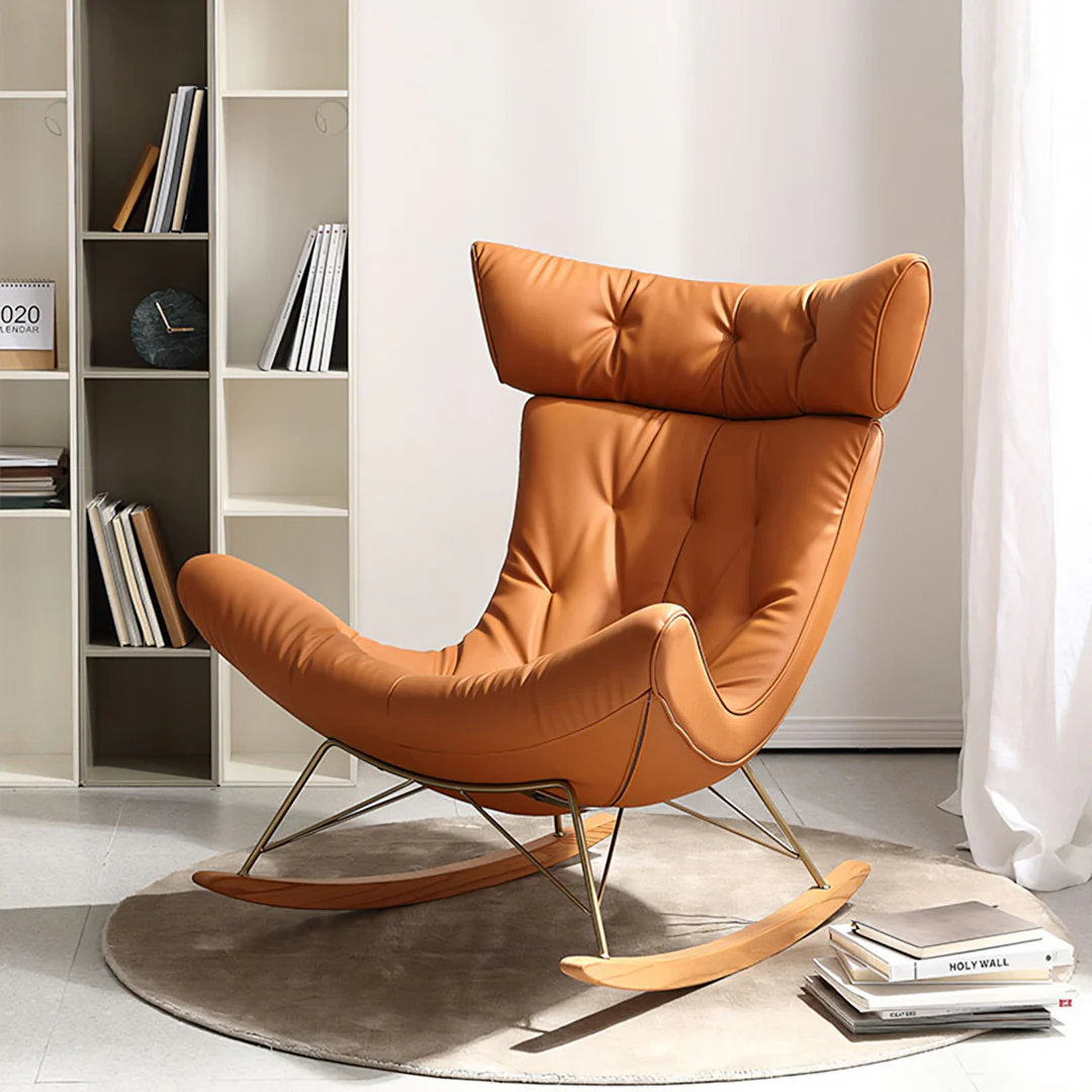 Anwar Rocking Chair With Footstool, Orange Leather - Image 3