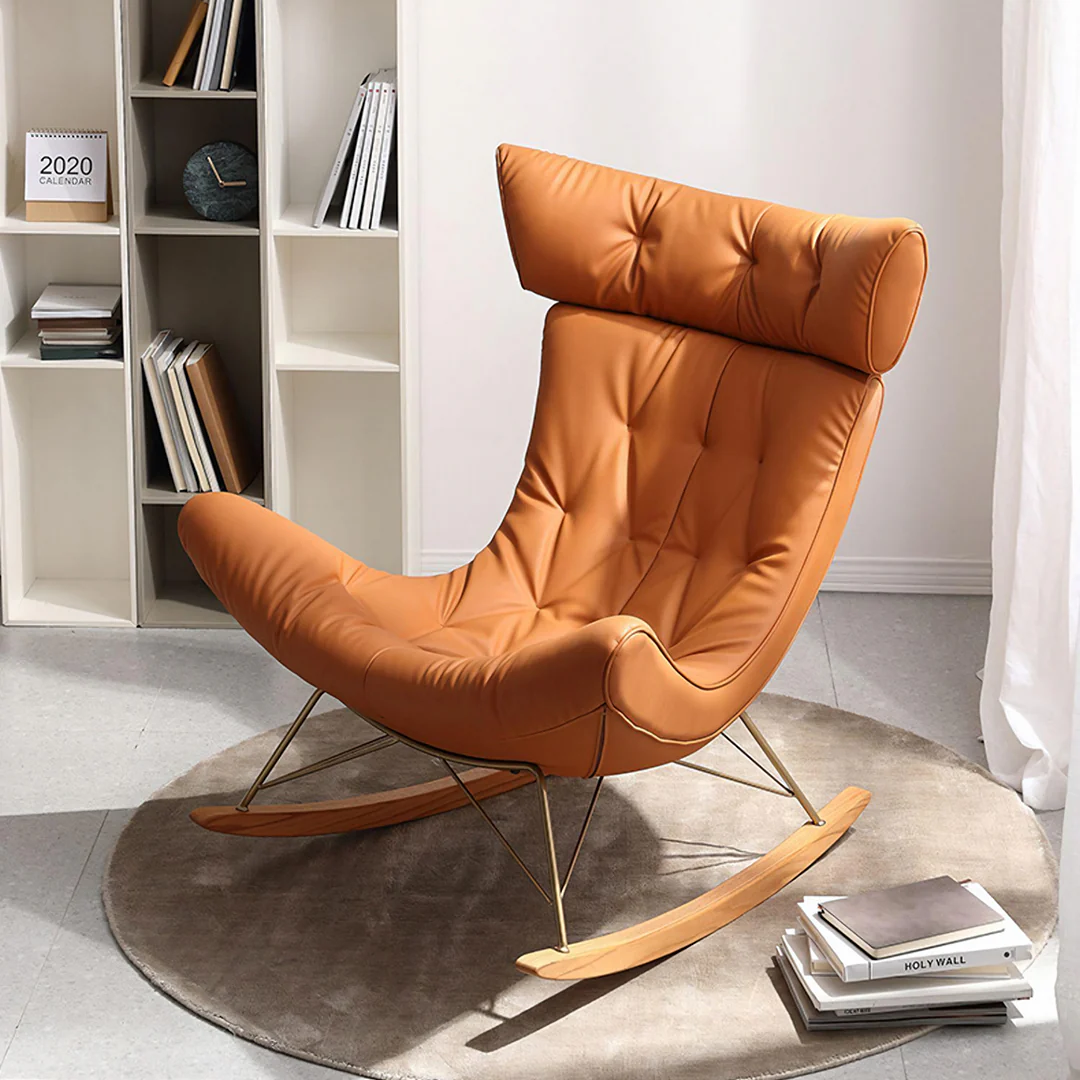 Anwar Rocking Chair With Footstool, Orange Leather - Image 4