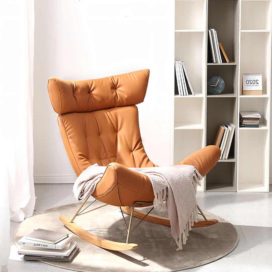 Anwar Rocking Chair With Footstool, Orange Leather - Image 5