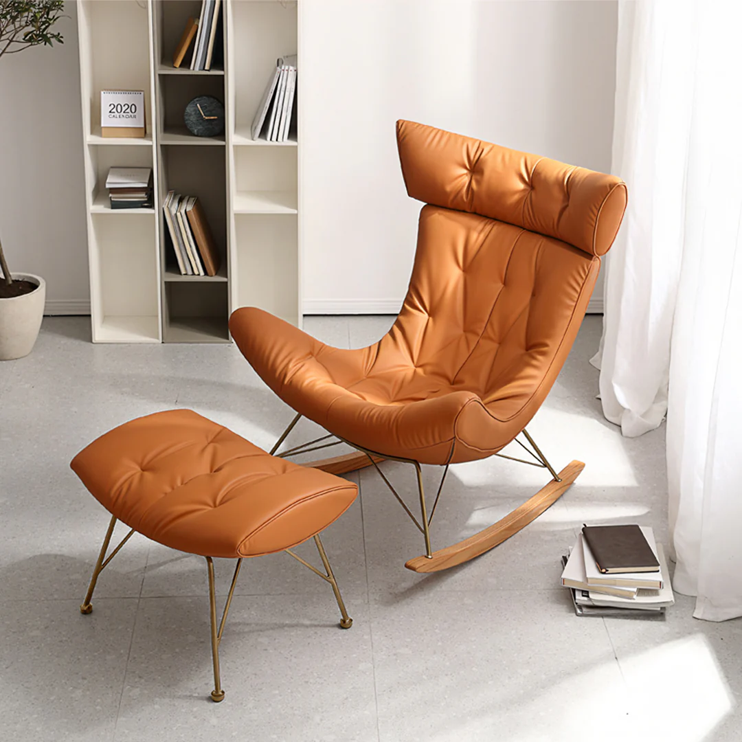 Anwar Rocking Chair With Footstool, Orange Leather - Image 7