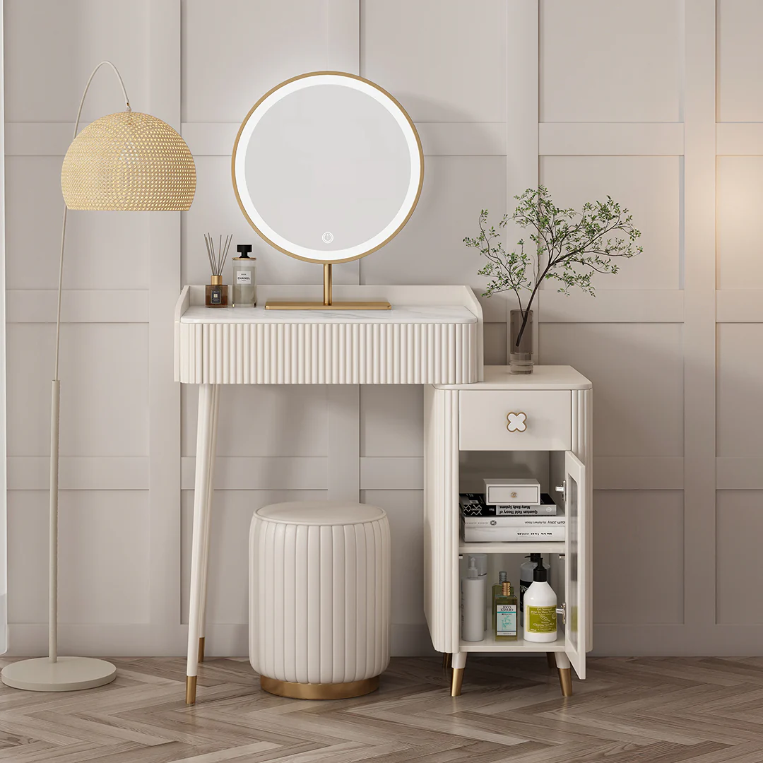 Asante Small Dressing Table With Side Cabinet & LED Mirror, Cream - Image 3