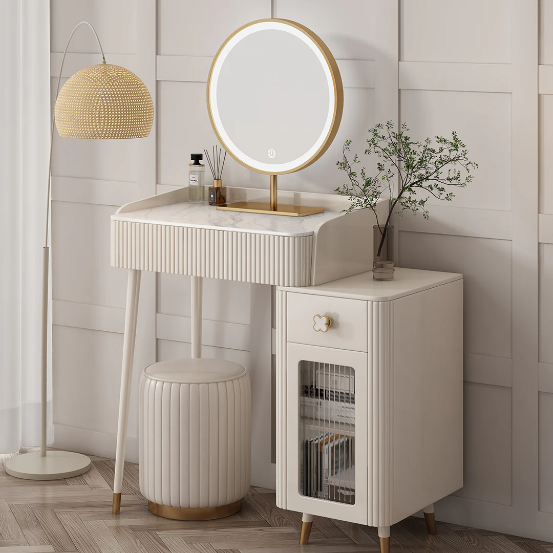 Asante Small Dressing Table With Side Cabinet & LED Mirror, Cream - Image 5