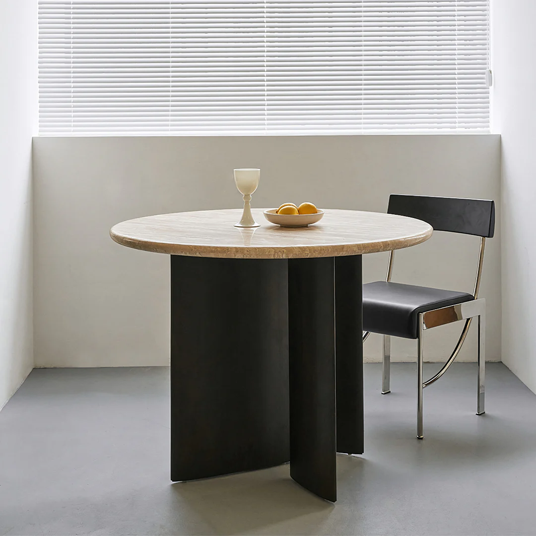 Boulanger Round Dining Table, Solid Wood & Travertine - Image 4