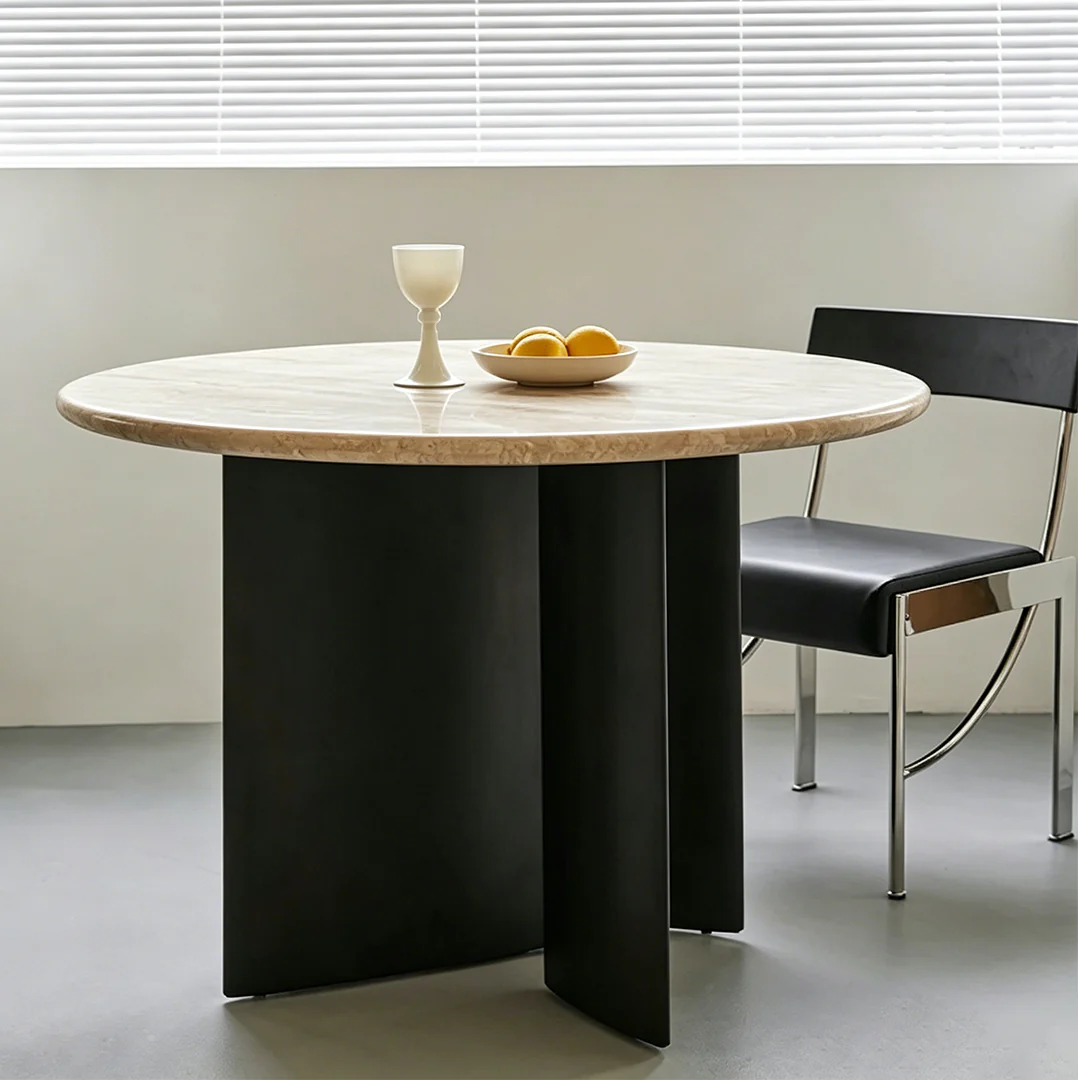 Boulanger Round Dining Table, Solid Wood & Travertine - Image 7