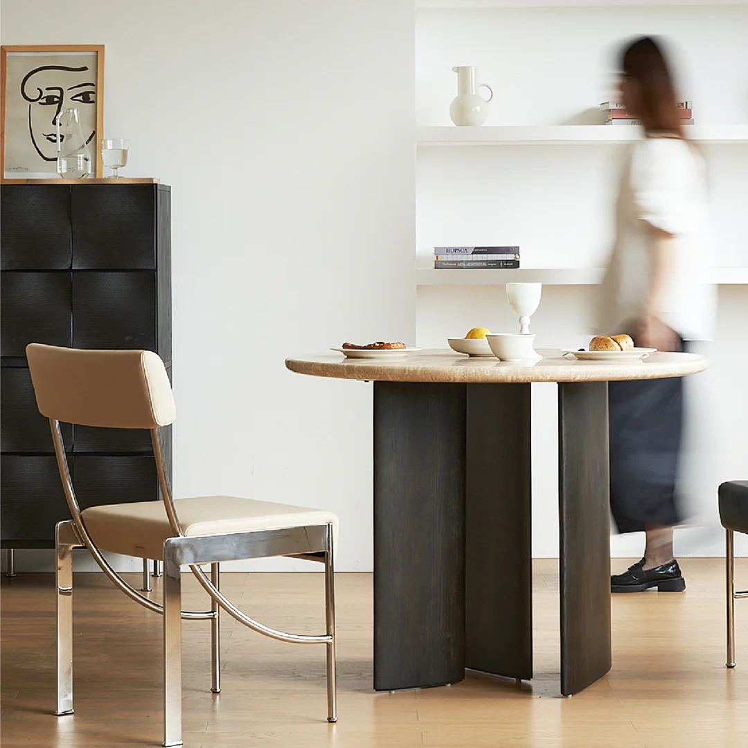 Boulanger Round Dining Table, Solid Wood & Travertine - Image 8