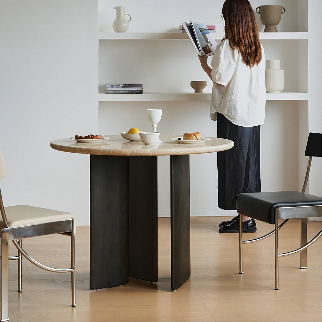 Boulanger Round Dining Table, Solid Wood & Travertine - Image 9