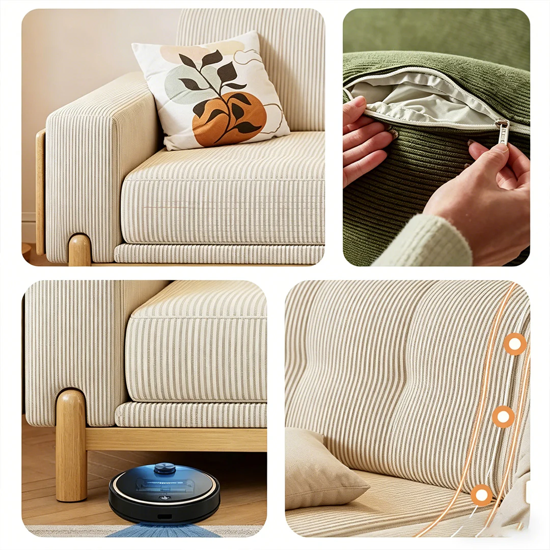 Catalina Cloud Sofa,  Two Seater, Three Seater Sofa, Cream Corduroy, Cherry Wood - Image 10
