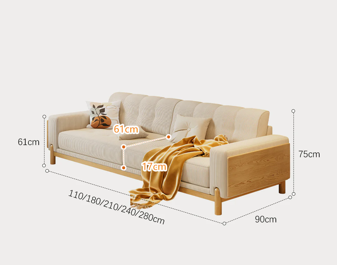 Catalina Cloud Sofa,  Two Seater, Three Seater Sofa, Cream Corduroy, Cherry Wood - Image 11