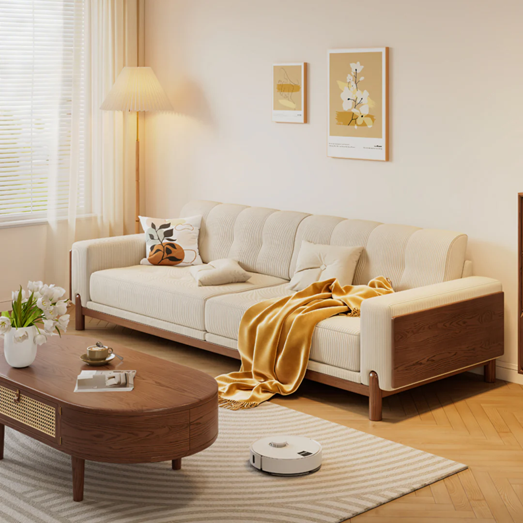 Catalina Cloud Sofa,  Two Seater, Three Seater Sofa, Cream Corduroy, Cherry Wood - Image 3