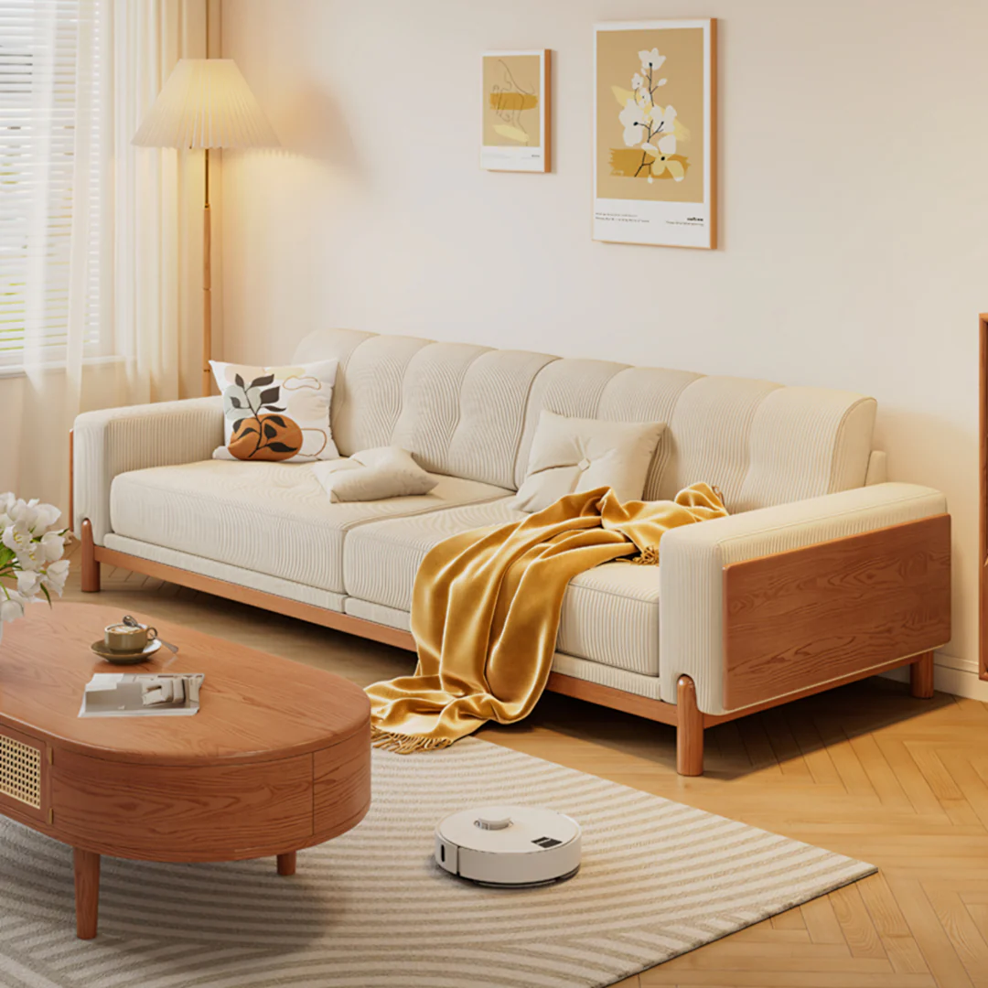 Catalina Cloud Sofa,  Two Seater, Three Seater Sofa, Cream Corduroy, Cherry Wood - Image 5