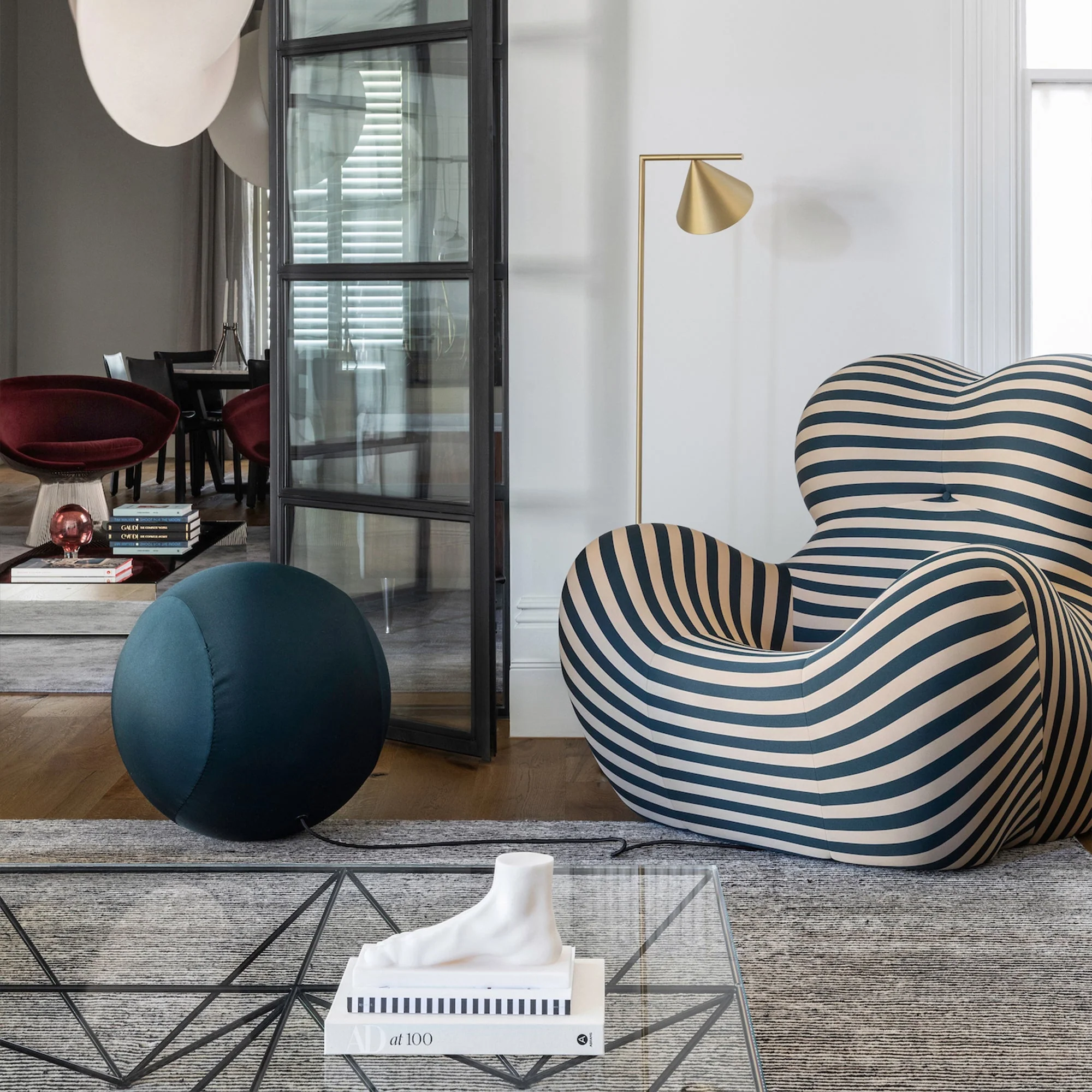 Dundee Lounge Armchair With A Ball Stool, Red/Blue - Image 3