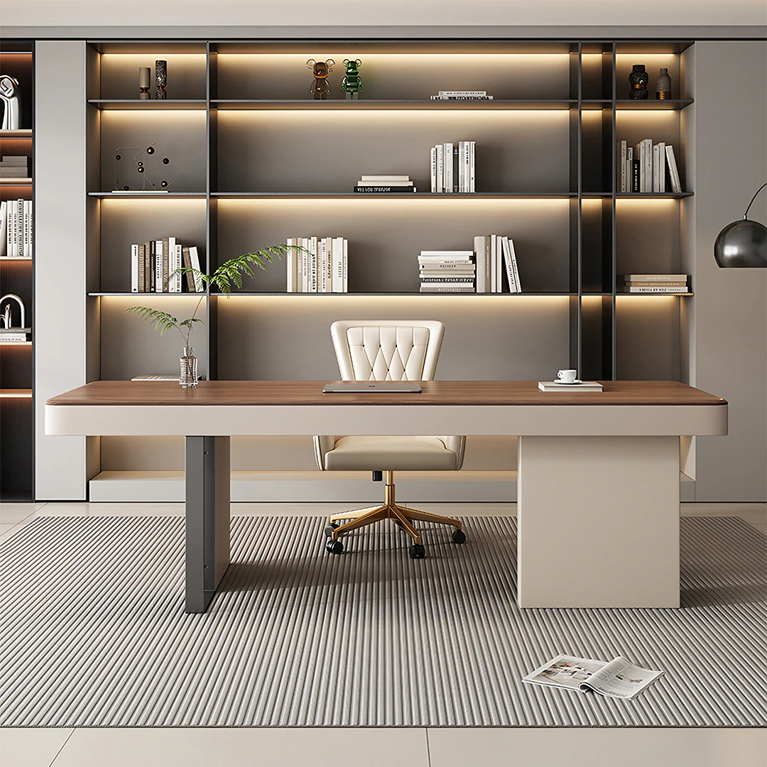 Elena Modern Office Desk, Wood, Cream & Walnut - Image 2