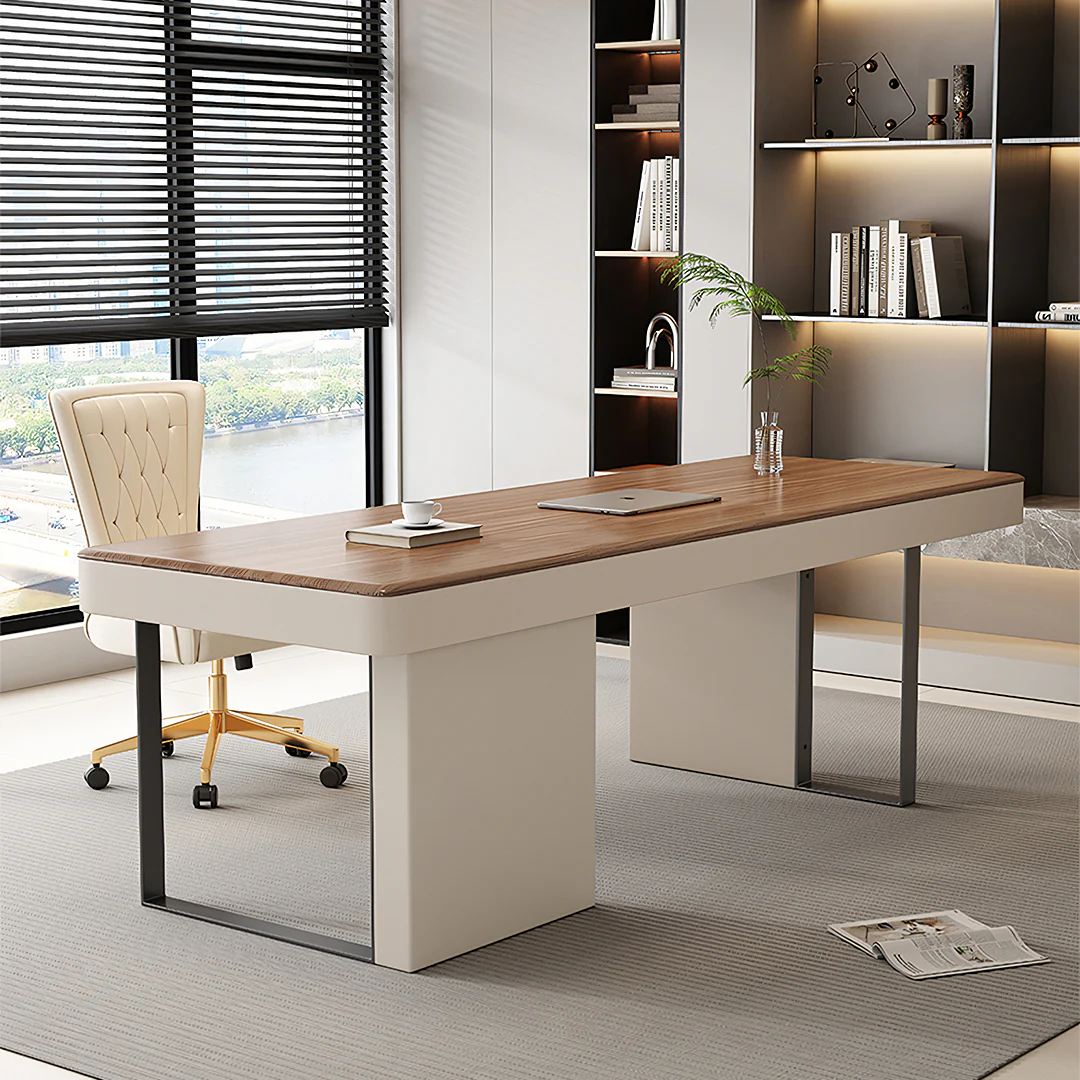 Elena Modern Office Desk, Wood, Cream & Walnut - Image 3