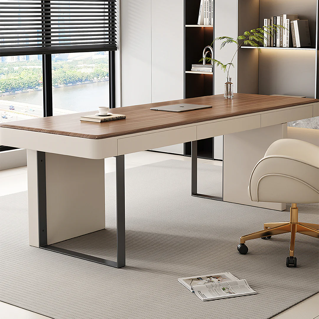 Elena Modern Office Desk, Wood, Cream & Walnut - Image 4