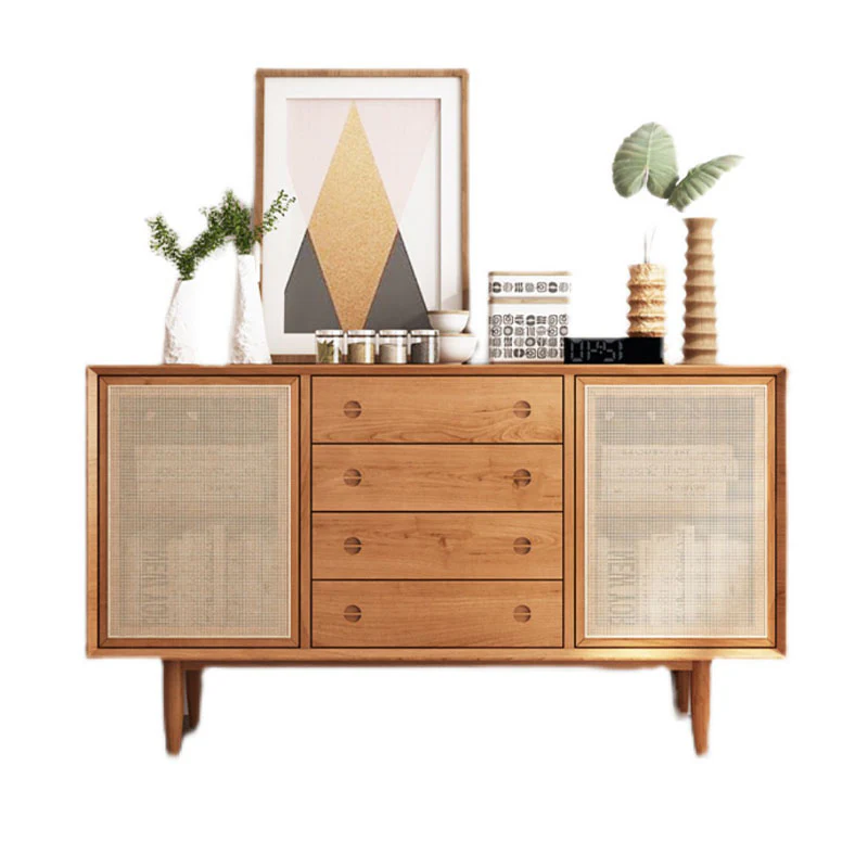 Evadne Rattan Sideboard with 2 Doors and 4 Drawers, Pine Wood - Image 3