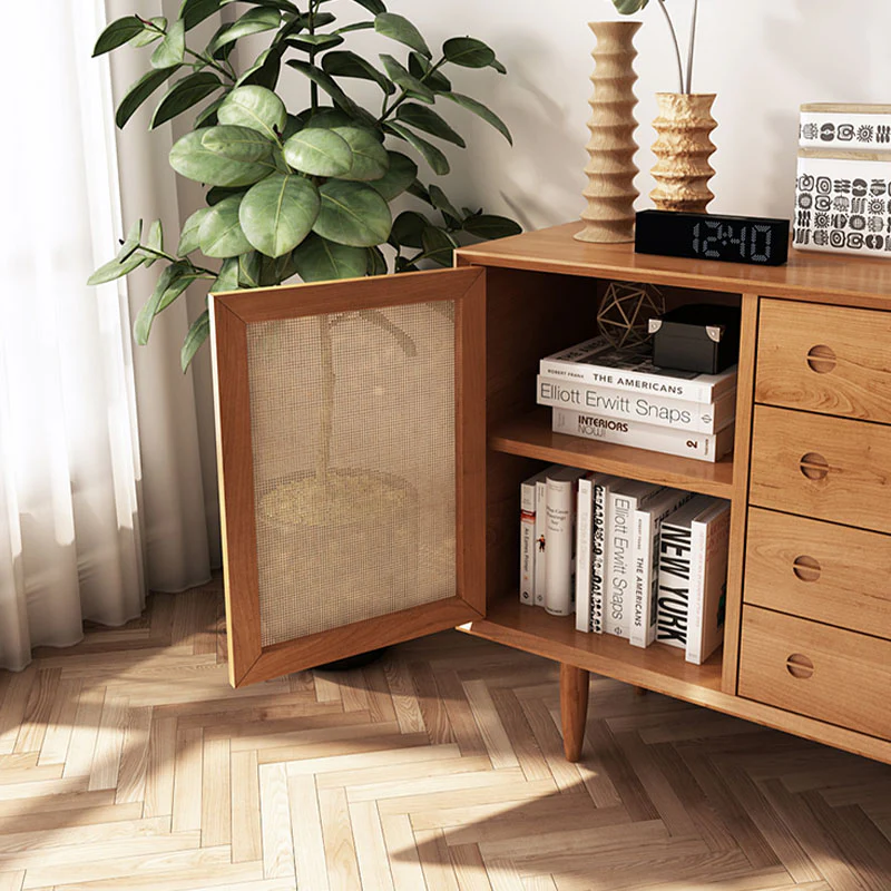Evadne Rattan Sideboard with 2 Doors and 4 Drawers, Pine Wood - Image 4
