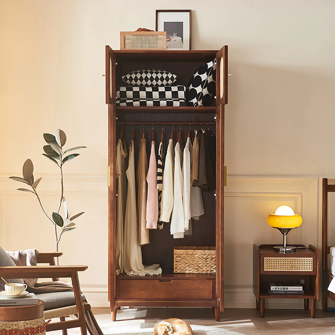 Evelyn Two Door Wardrobe, Solid Wood & Rattan - Image 2
