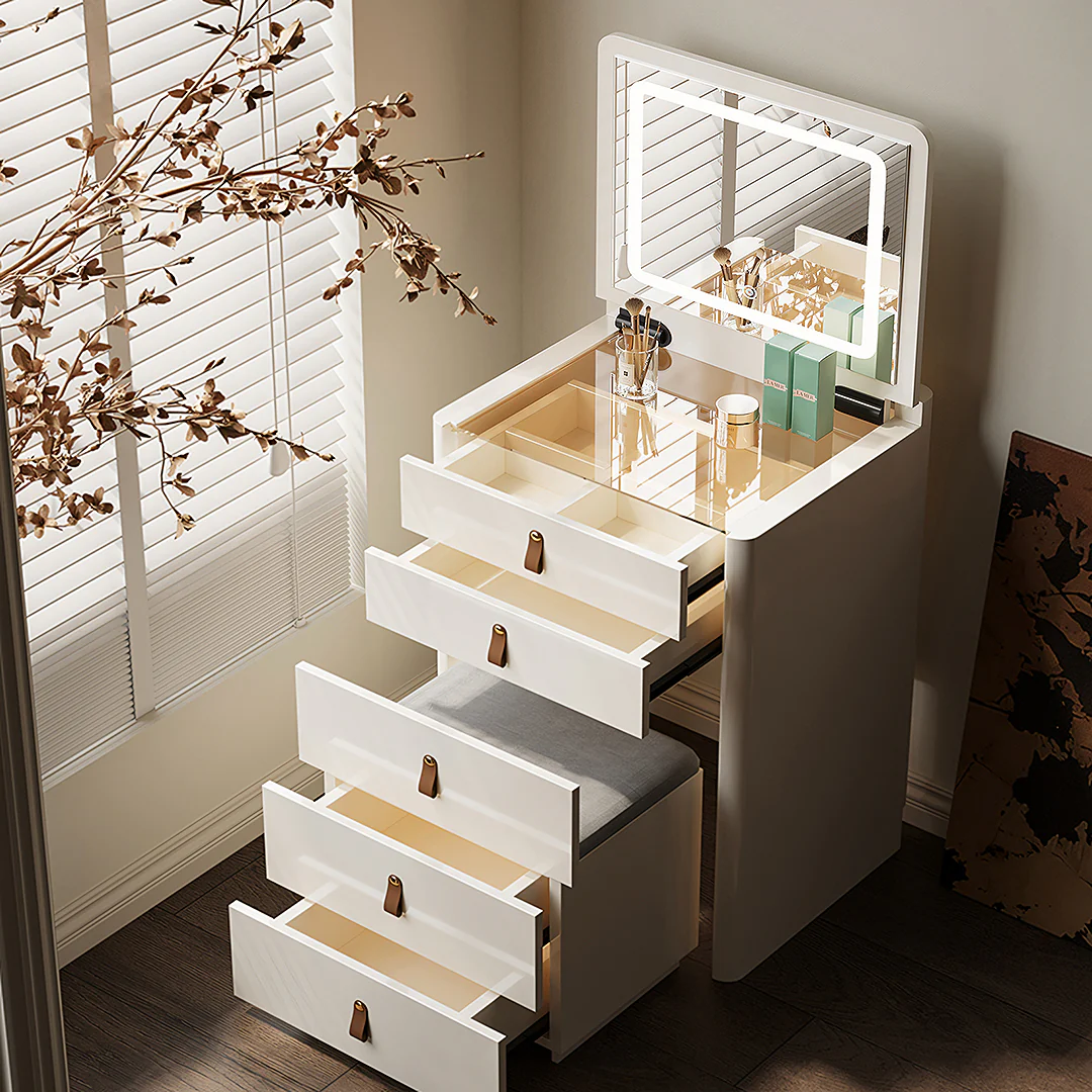 Flores Small Dressing Table With LED Mirror & Chair, Off White - Image 2