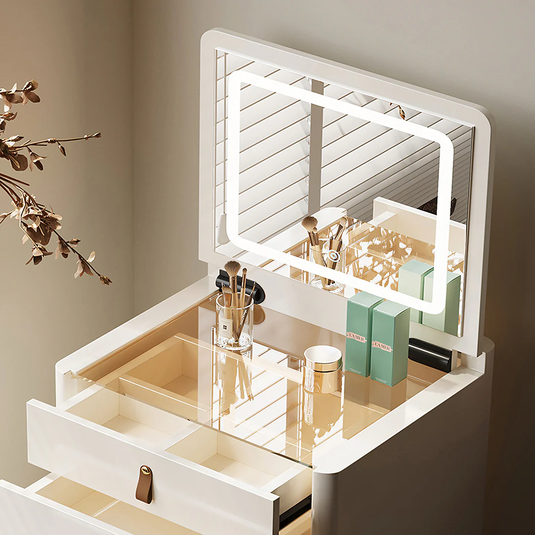 Flores Small Dressing Table With LED Mirror & Chair, Off White - Image 5