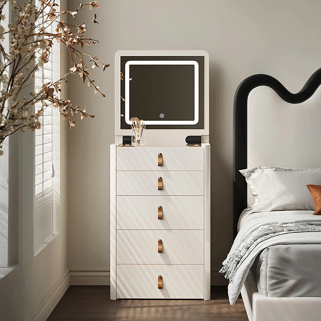 Flores Small Dressing Table With LED Mirror & Chair, Off White - Image 6