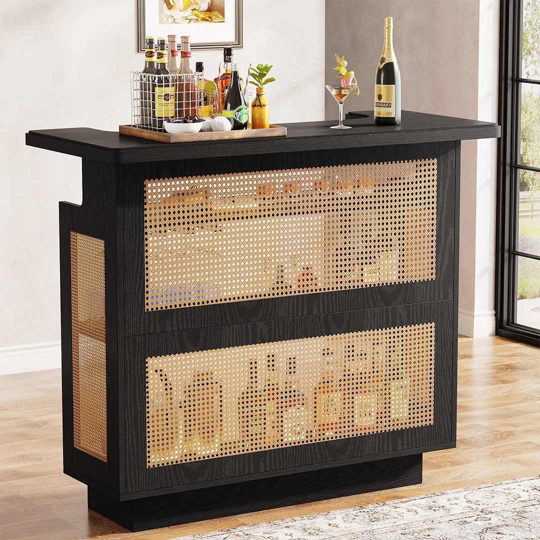 Gatsby Rustic Rattan Home Bar, Wine Bar Cabinet With Stemware Racks - Image 2