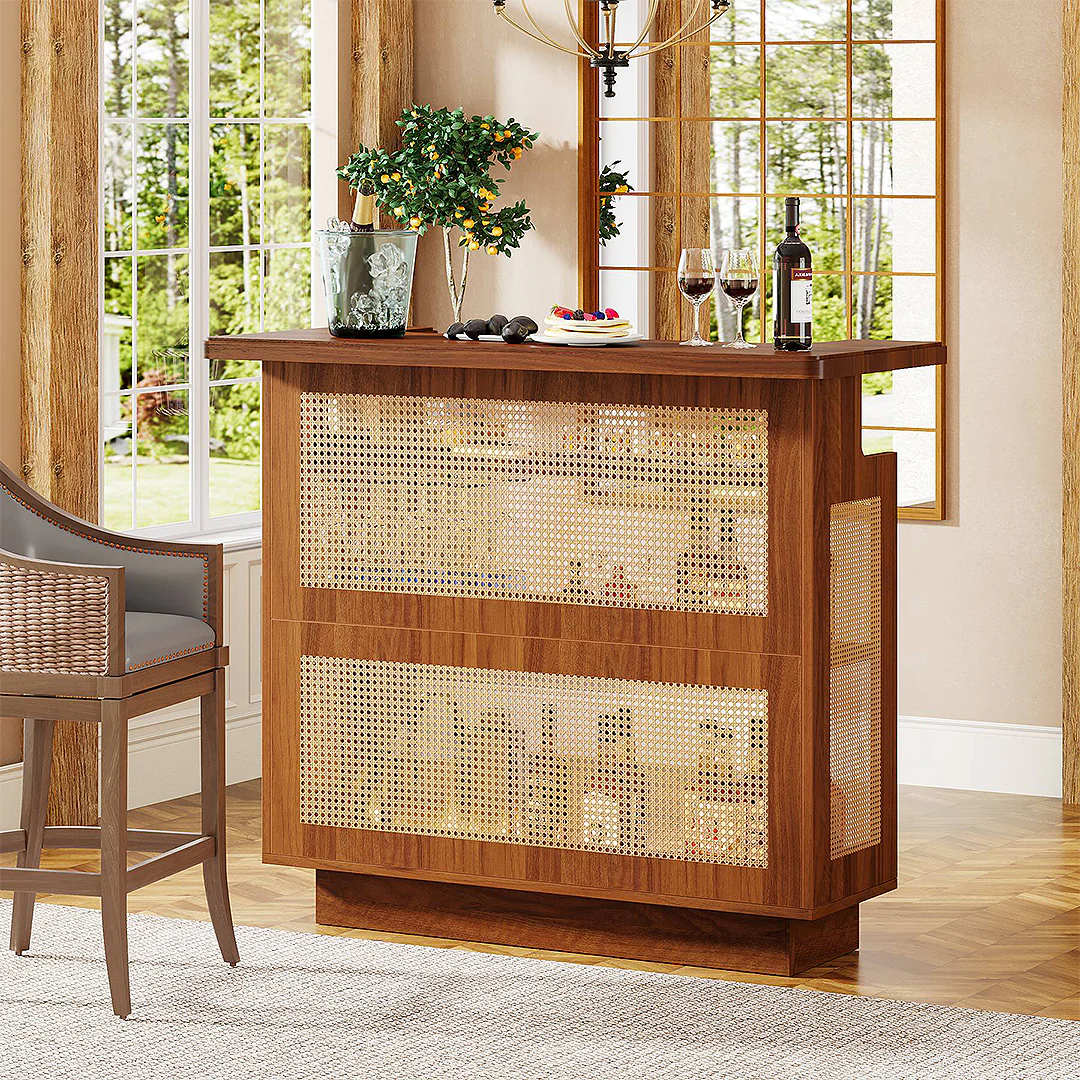 Gatsby Rustic Rattan Home Bar, Wine Bar Cabinet With Stemware Racks - Image 3