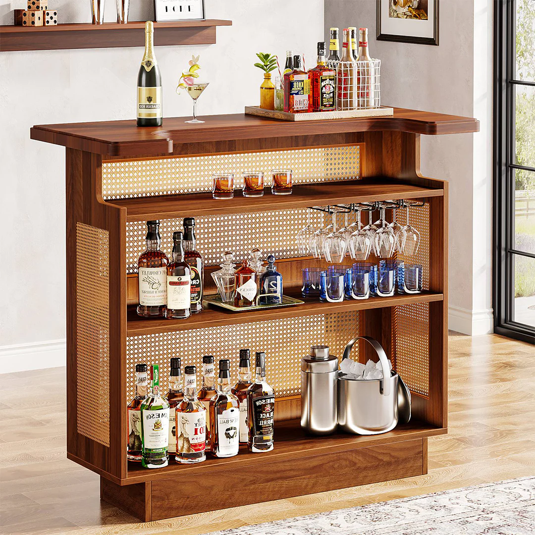 Gatsby Rustic Rattan Home Bar, Wine Bar Cabinet With Stemware Racks - Image 4