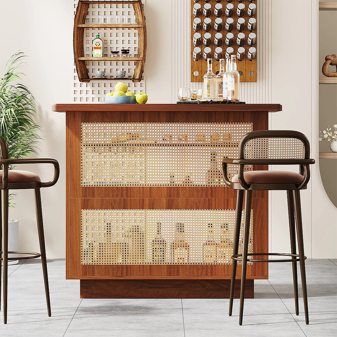 Gatsby Rustic Rattan Home Bar, Wine Bar Cabinet With Stemware Racks - Image 5