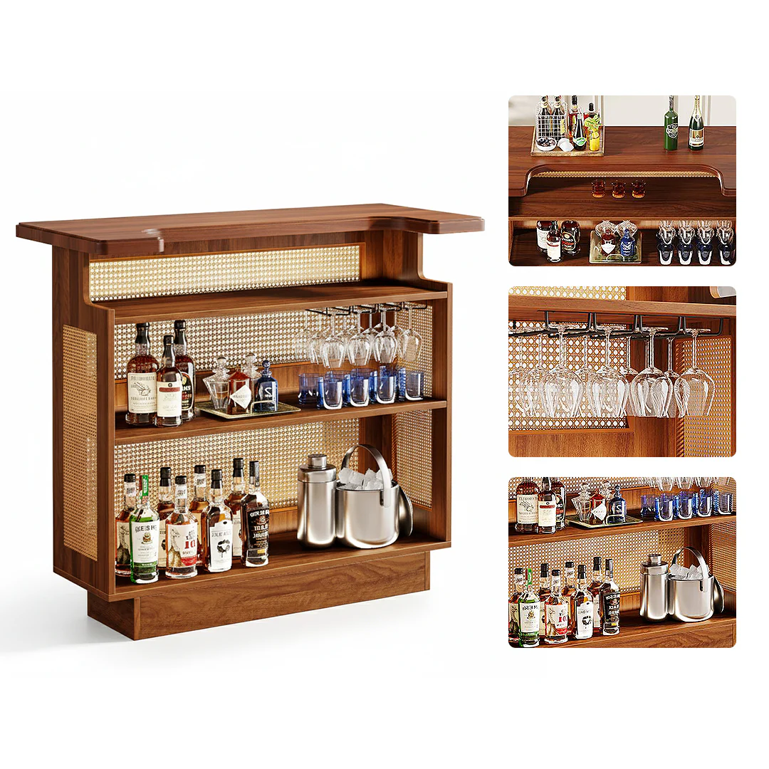 Gatsby Rustic Rattan Home Bar, Wine Bar Cabinet With Stemware Racks - Image 6