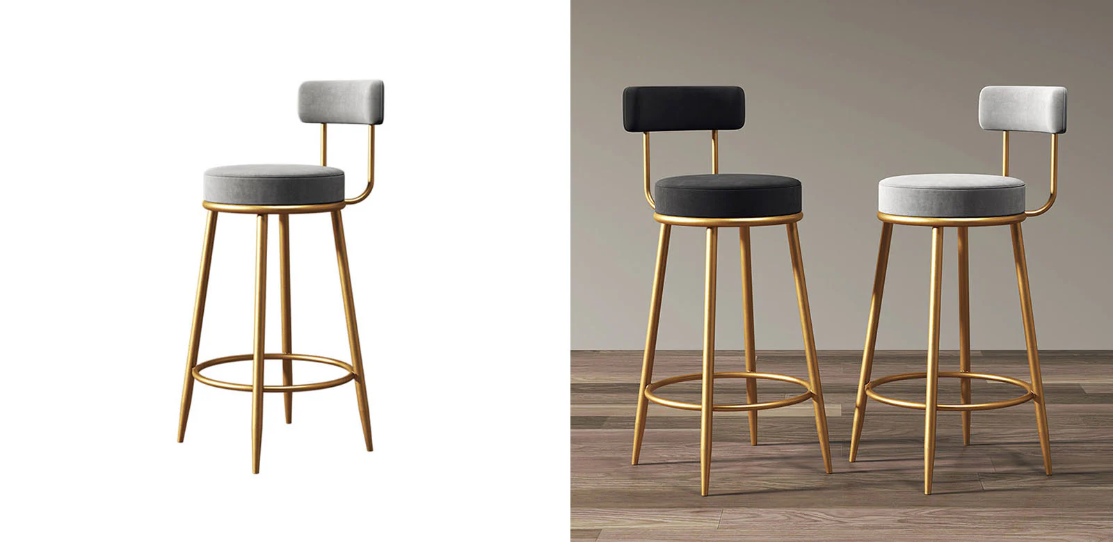 Gregary Bar Stool, Velvet, Gold Leg - Image 4