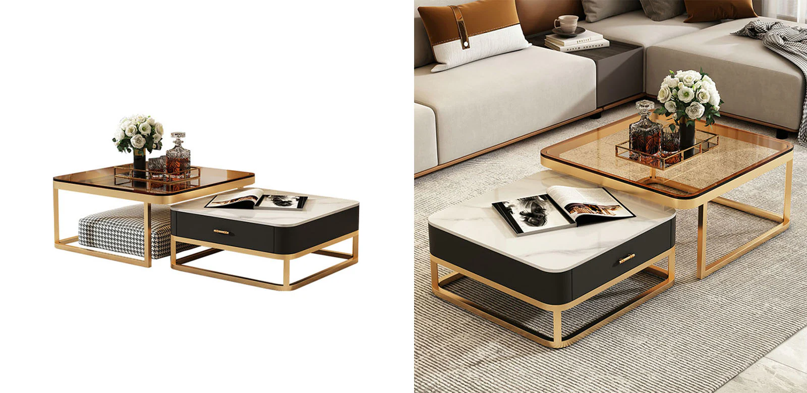 Horace Square Coffee Table, Tan & White - Image 5