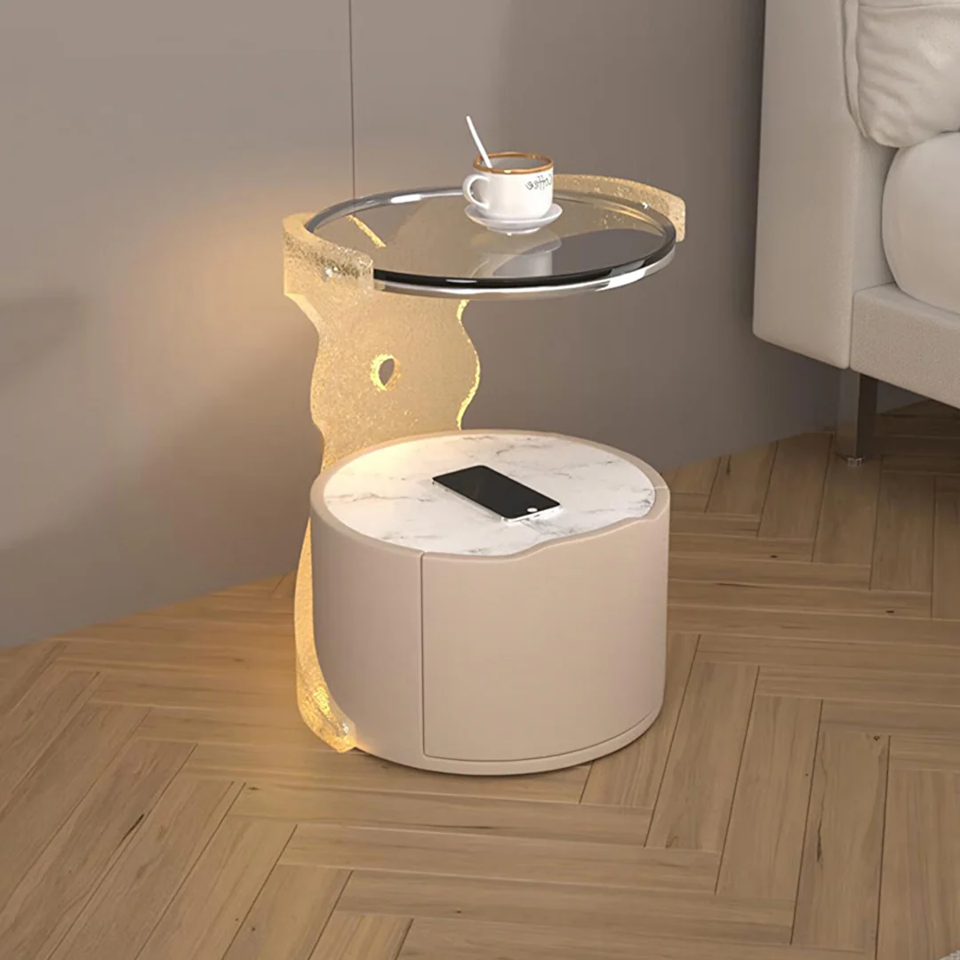 Hutton Round Bedside Table With Storage & Light Strip - Image 10