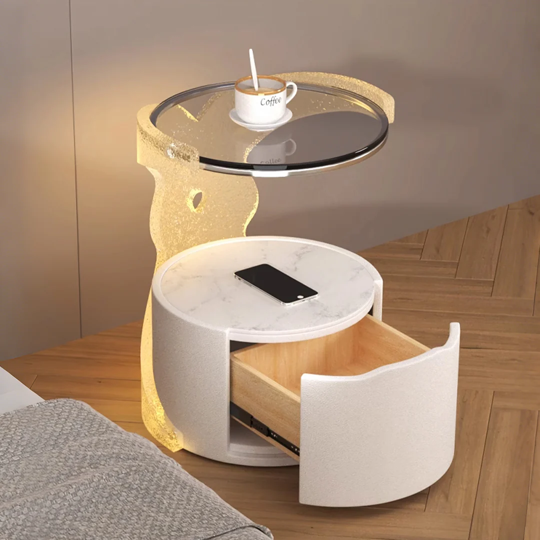 Hutton Round Bedside Table With Storage & Light Strip - Image 2