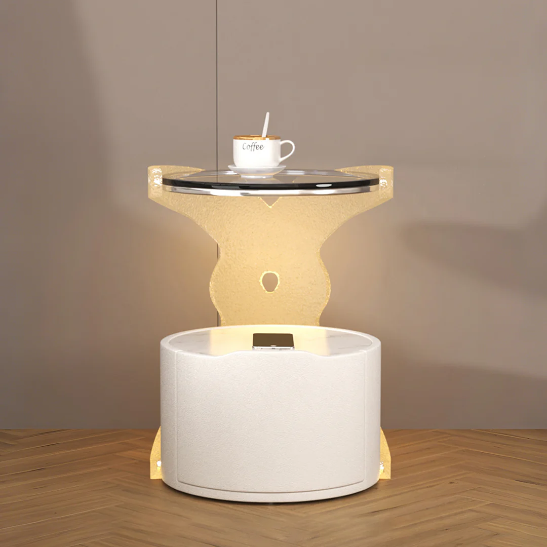 Hutton Round Bedside Table With Storage & Light Strip - Image 3