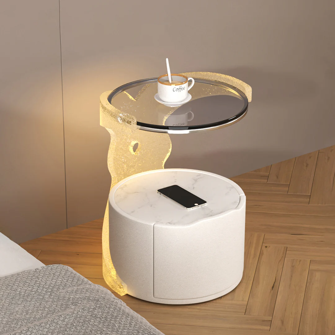 Hutton Round Bedside Table With Storage & Light Strip - Image 4