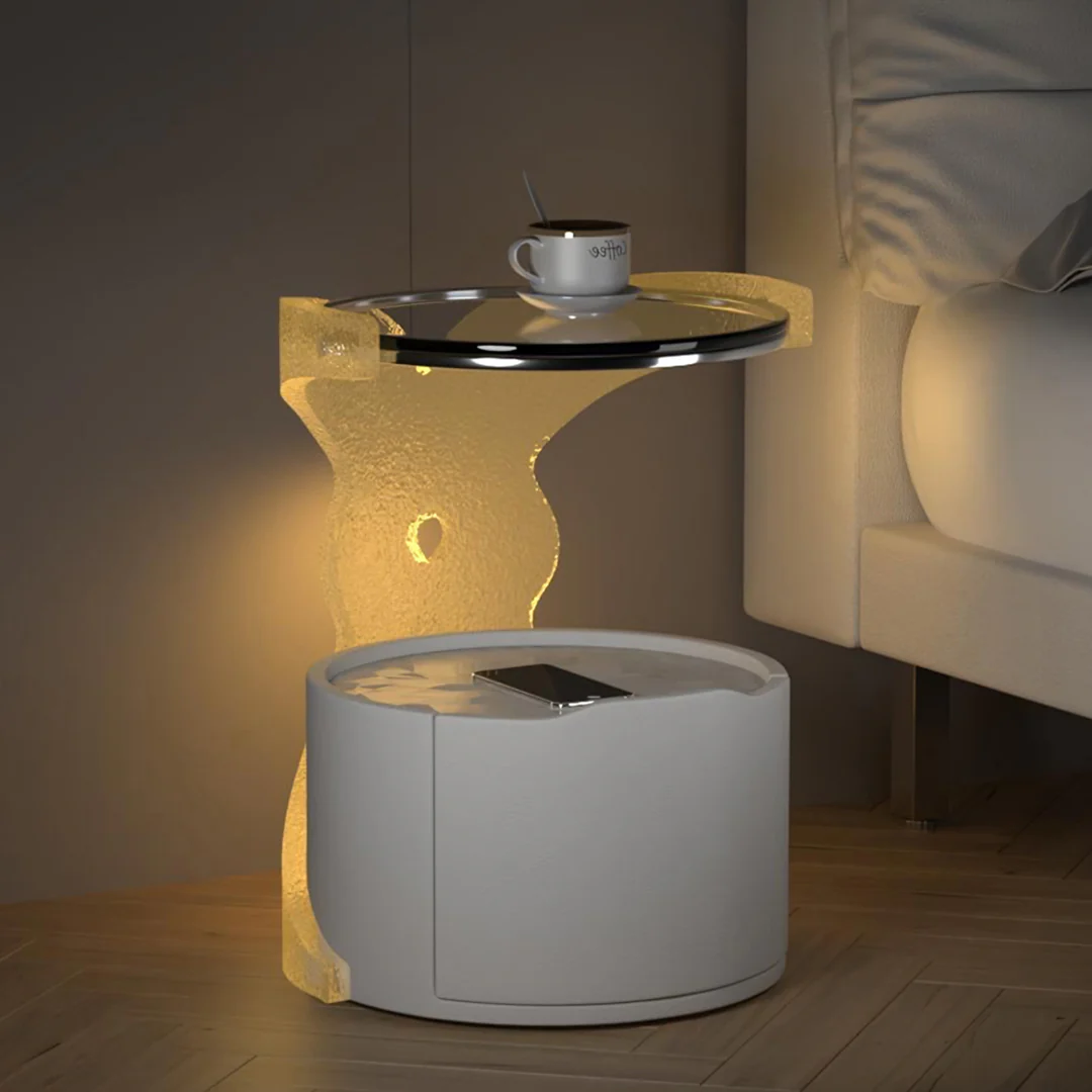 Hutton Round Bedside Table With Storage & Light Strip - Image 5