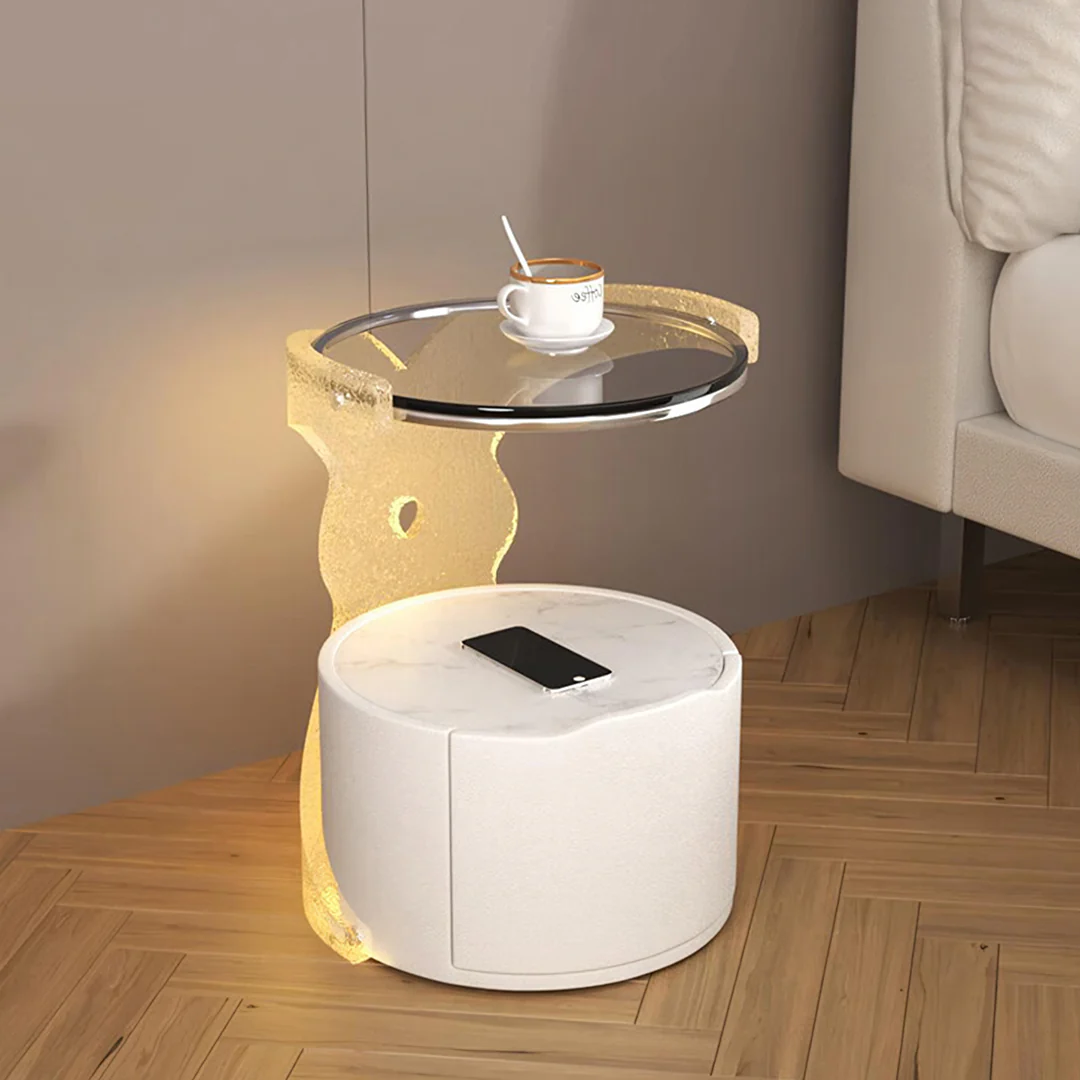 Hutton Round Bedside Table With Storage & Light Strip - Image 8